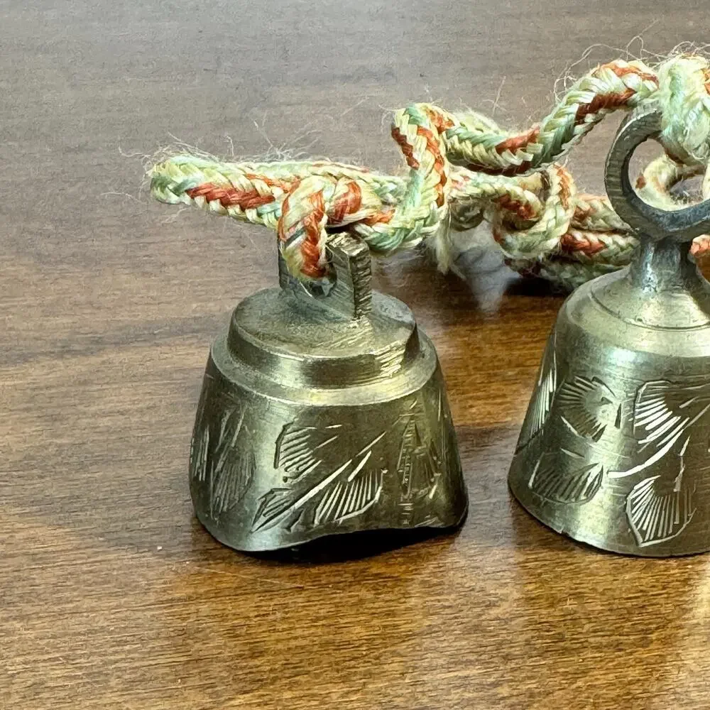 Vintage India Graduated Brass Bells with Knotted Rope Cord Set of 4